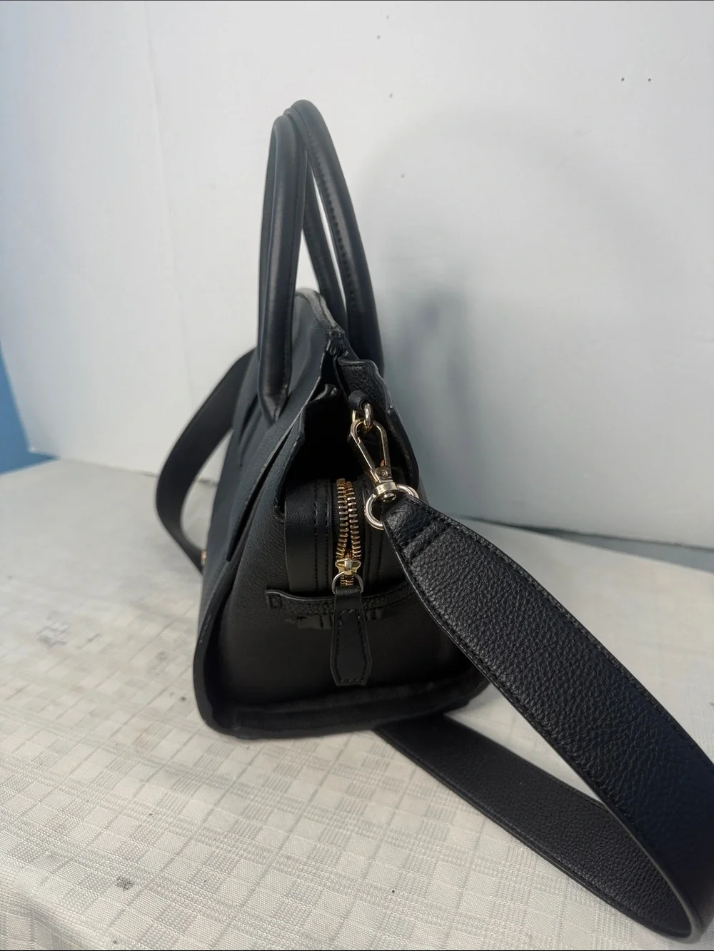 Black Leather Top-Handle Satchel with Detachable Strap